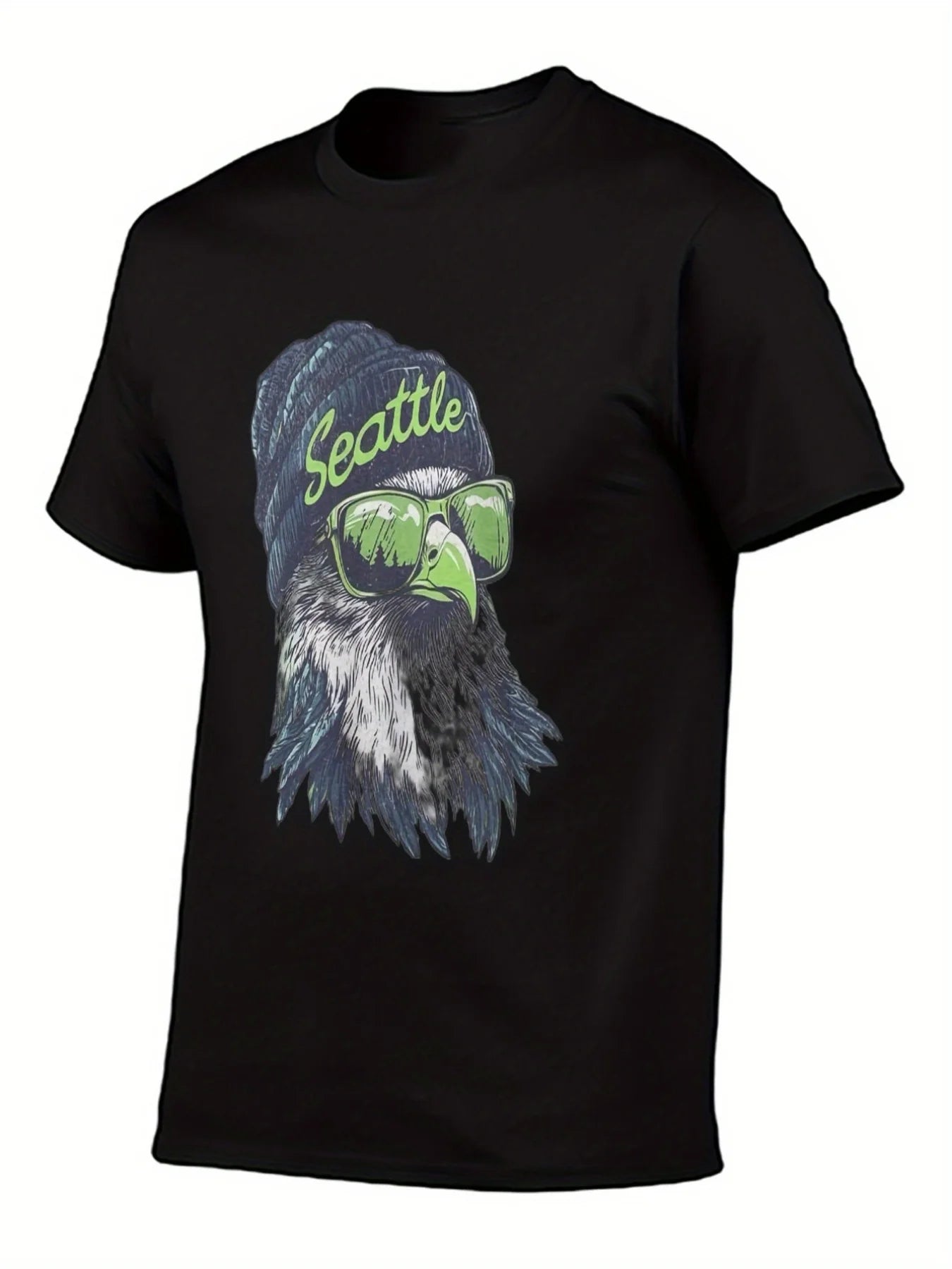 Camiseta Seattle 12th for Man - Gráfico Cabeza de Seahawk con Gafas de Moda y Diseño de Gorro de Lana Blanca Camiseta Casual Pesada de 180g