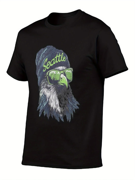 Camiseta Seattle 12th for Man - Gráfico Cabeza de Seahawk con Gafas de Moda y Diseño de Gorro de Lana Blanca Camiseta Casual Pesada de 180g