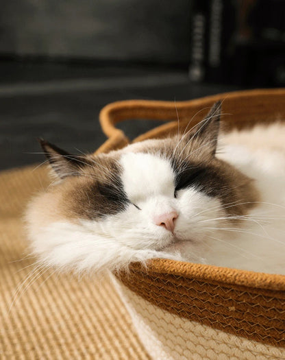 Cama para Gatos, Nido para Mascotas, Tejido de Ratán Puramente Manual, Tablero Rascador para Gatos de Enea, Almohadilla Cálida de Invierno Extraíble y Lavable para Todas las Estaciones