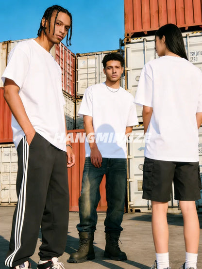 3-pack American 230GSM Heavy Cotton Short-sleeved T-shirt Men Women Solid Color Loose Round Neck Tops Couple Oversize T Shirt
