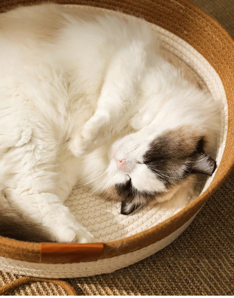 Cama para Gatos, Nido para Mascotas, Tejido de Ratán Puramente Manual, Tablero Rascador para Gatos de Enea, Almohadilla Cálida de Invierno Extraíble y Lavable para Todas las Estaciones