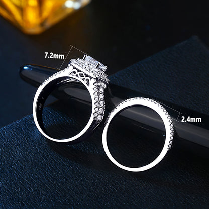 Newshe Lujoso Juego de Anillos de Boda con Halo de Plata Esterlina 925 para Mujeres Elegante Joyería Anillos de Diamante de Princesa Simulados