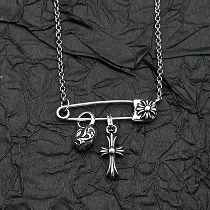 Plata de Ley S925, Retro y Antiguo Collar con Colgante de Corazón de Melocotón y Cruz, Personalidad Europea y Americana para Hombres y Mujeres
