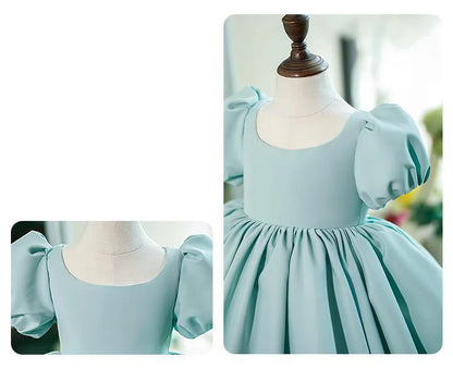 Nuevo vestido de fiesta de cumpleaños para niña con mangas de burbuja de color sólido, vestido de princesa para anfitriona infantil, vestido de boda floral abullonado para niños