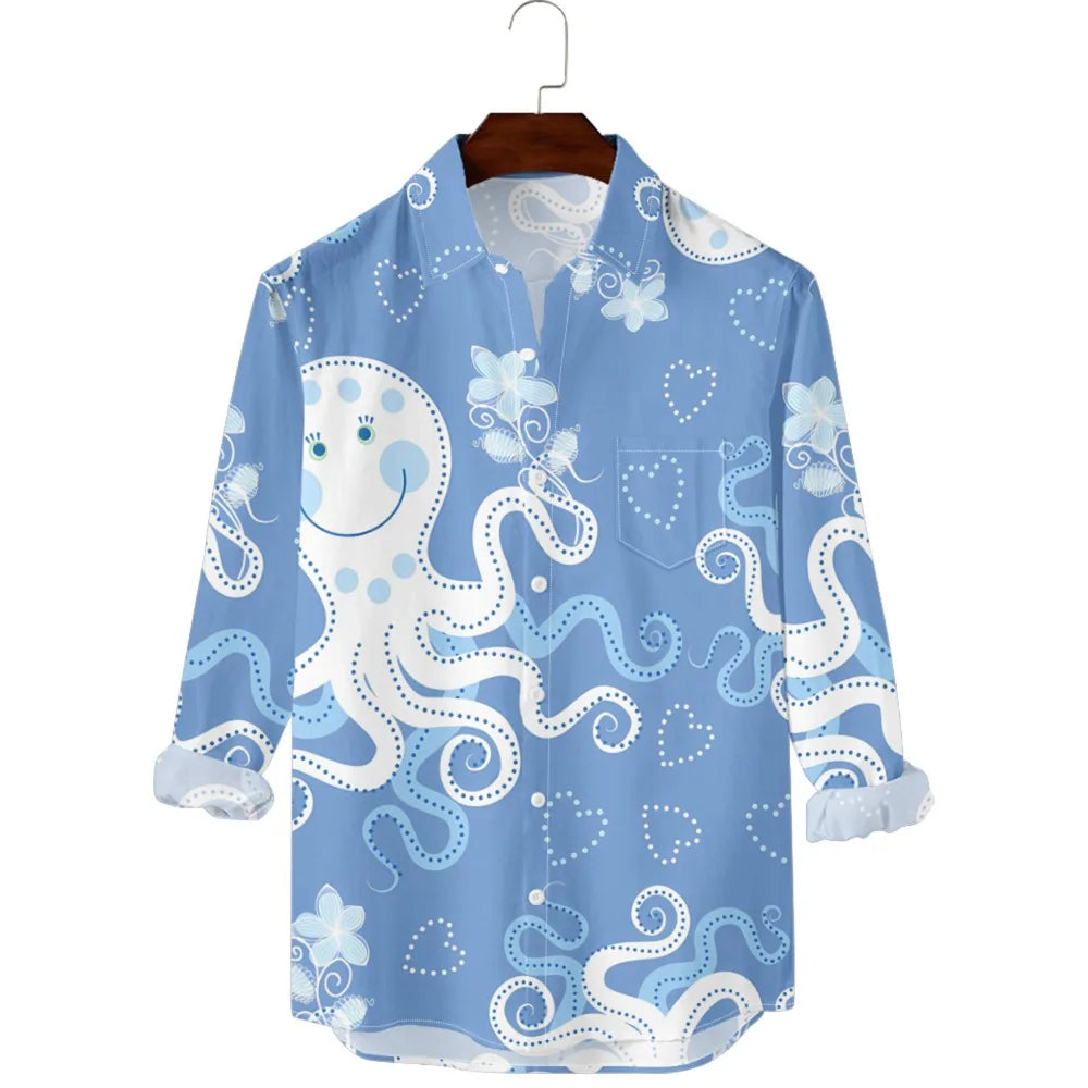 Hawaiian Men Shirts Fish Swarm Fishbone Print Full Sleeve Casual Button Up Beach Parties Travel Poolside Ocean Punk Fusion Shirt