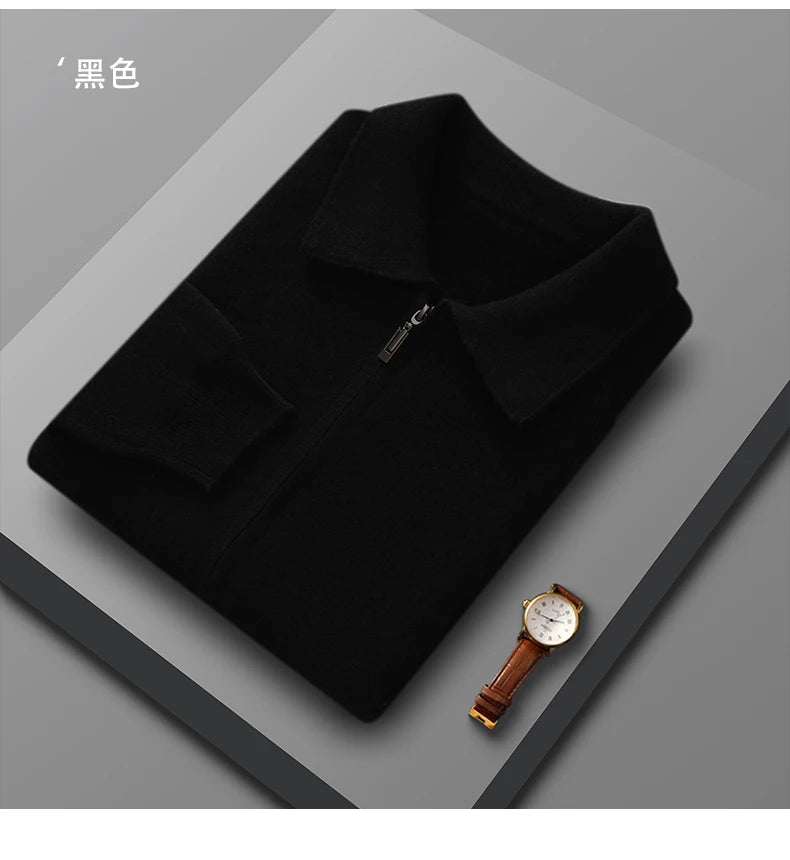 Suéter 100% Lana Merino para Hombre, Cuello Polo, Cierre de Cremallera, Cártigan de Negocios, Chaqueta de Cachemira, Tejido para Otoño Invierno