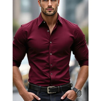 Camisas de negocios para hombre elásticas para las cuatro estaciones, de manga larga, de color sólido, elegantes, informales, de la marca 2025