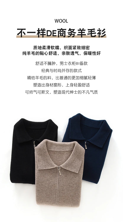 Suéter 100% Lana Merino para Hombre, Cuello Polo, Cierre de Cremallera, Cártigan de Negocios, Chaqueta de Cachemira, Tejido para Otoño Invierno