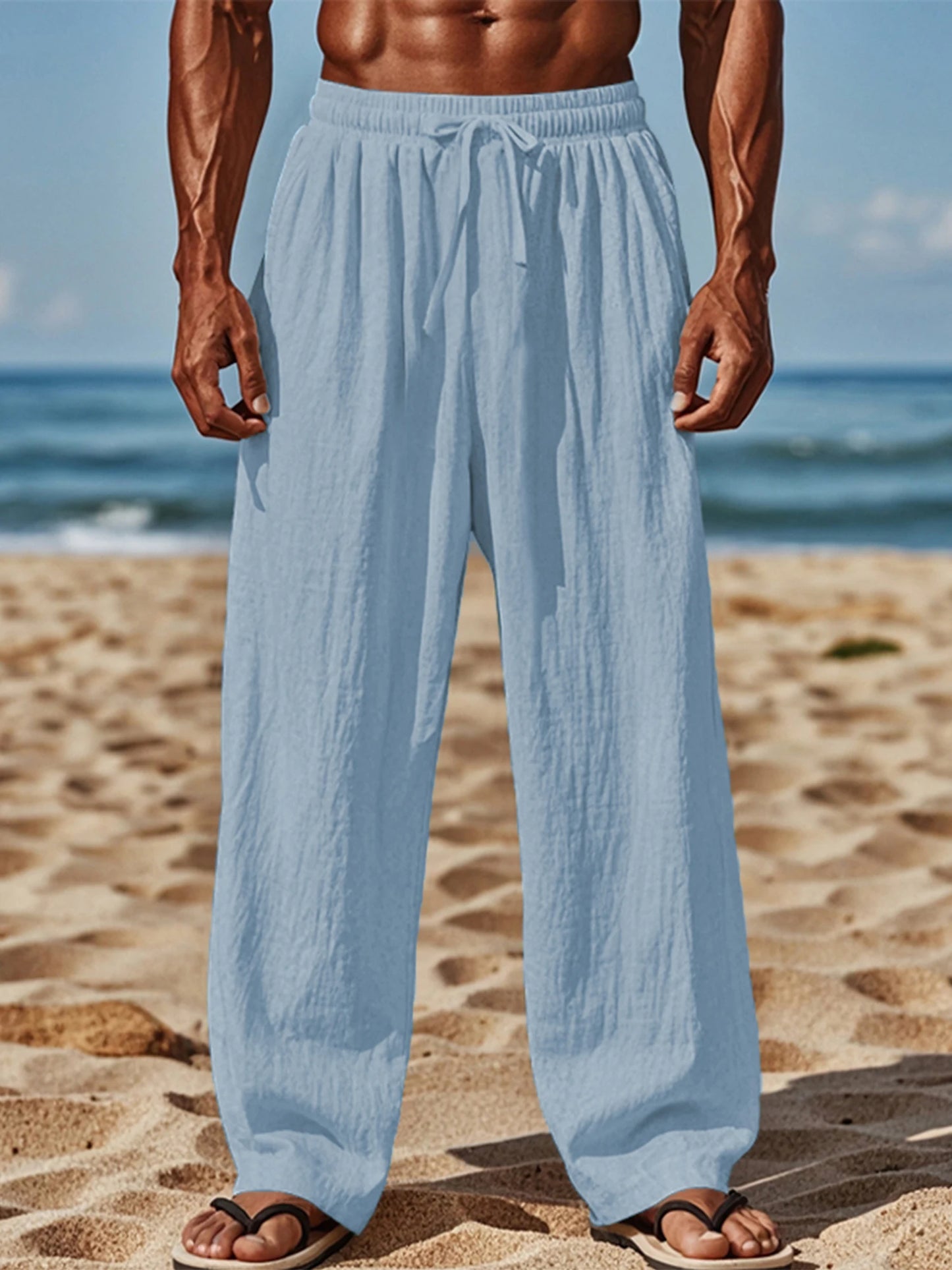 Pantalones ligeros de lino para hombre con cintura elástica y corte relajado, ideales para vacaciones de verano en la playa o uso casual