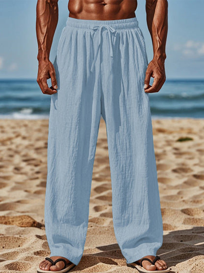 Pantalones ligeros de lino para hombre con cintura elástica y corte relajado, ideales para vacaciones de verano en la playa o uso casual