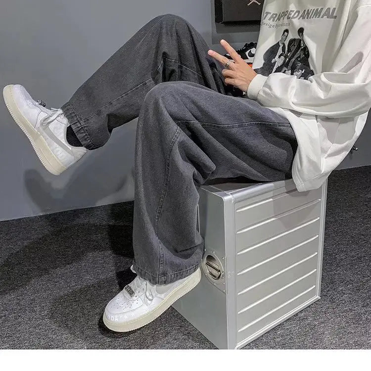 Nuevos pantalones vaqueros coreanos holgados para hombre, de calle, rectos, de mezclilla, de pierna ancha, Hip Hop, holgados, azul claro, gris, negro