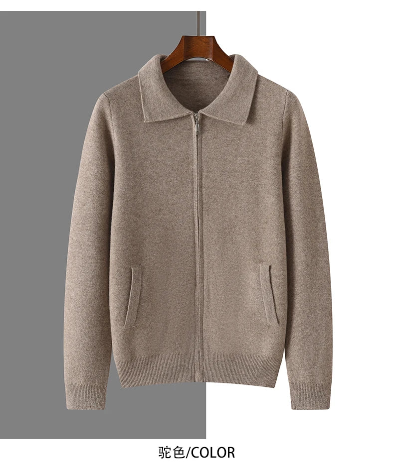 Suéter 100% Lana Merino para Hombre, Cuello Polo, Cierre de Cremallera, Cártigan de Negocios, Chaqueta de Cachemira, Tejido para Otoño Invierno