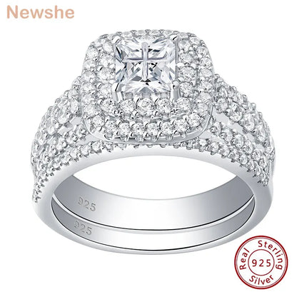 Newshe Lujoso Juego de Anillos de Boda con Halo de Plata Esterlina 925 para Mujeres Elegante Joyería Anillos de Diamante de Princesa Simulados