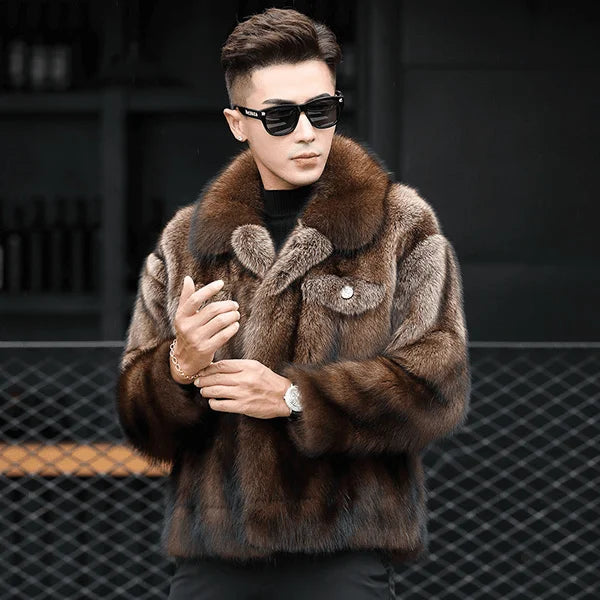 Abrigo de Piel de Visón de Lujo para Hombre, Chaqueta de Abrigo de Piel de Zorro Gruesa de Invierno, Abrigo de Piel Corto, de Moda y Cómodo, con Cuello Doblado