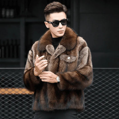 Abrigo de Piel de Visón de Lujo para Hombre, Chaqueta de Abrigo de Piel de Zorro Gruesa de Invierno, Abrigo de Piel Corto, de Moda y Cómodo, con Cuello Doblado