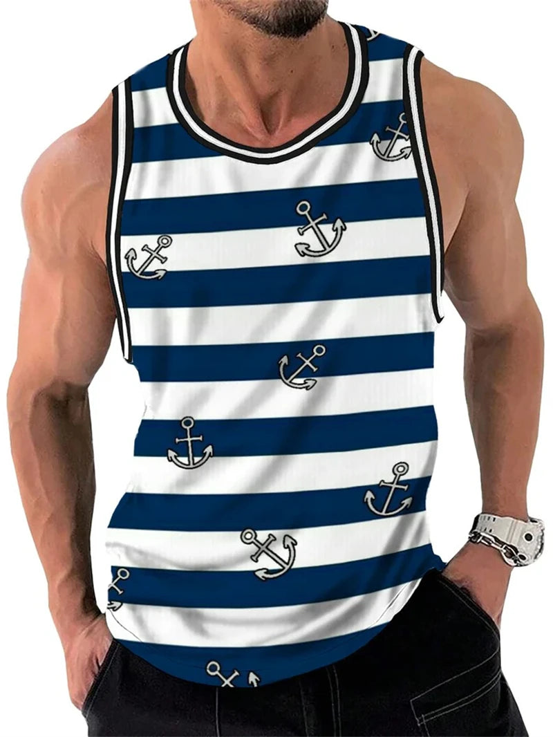 Camisetas sin mangas con estampado de rayas retro para hombre, estilo casual de verano sin mangas con estampado 3D, chaleco suelto de secado rápido, transpirable