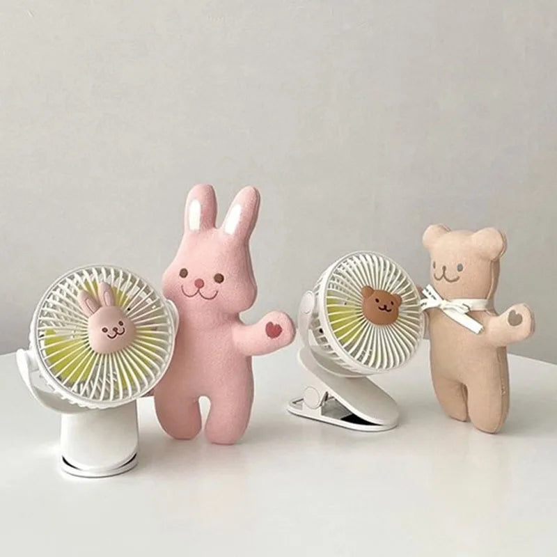Ventiladores coreanos para cochecitos de bebé, ventilador portátil de clip para exteriores, lindo oso, conejo, ventilador eléctrico de mano recargable para el hogar, 3 velocidades