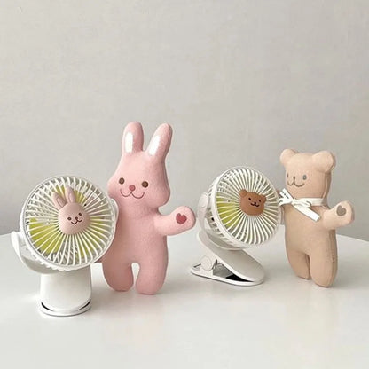 Ventiladores coreanos para cochecitos de bebé, ventilador portátil de clip para exteriores, lindo oso, conejo, ventilador eléctrico de mano recargable para el hogar, 3 velocidades