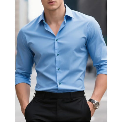 Camisas de negocios para hombre elásticas para las cuatro estaciones, de manga larga, de color sólido, elegantes, informales, de la marca 2025