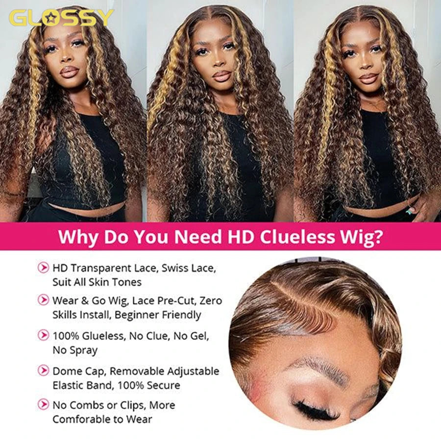 Deep Wave Honey Blonde Glueless Wig Human Hair Ready To Wear And Go Pre Plucked 13x6 Hd Water Curly Lace Frontal Wig For Women