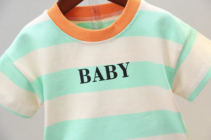 Ropa de verano para niños, camisetas informales de algodón a rayas, pantalones cortos, conjunto de 2 piezas, atuendo infantil para niños pequeños, chándales de 0 a 5 años