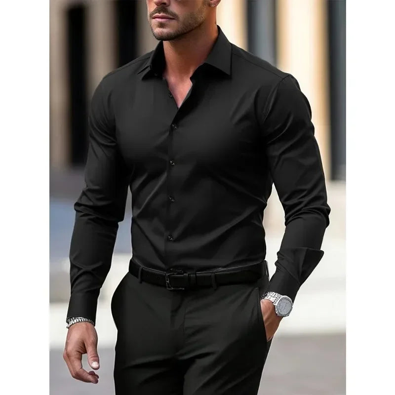 Camisas de negocios para hombre elásticas para las cuatro estaciones, de manga larga, de color sólido, elegantes, informales, de la marca 2025