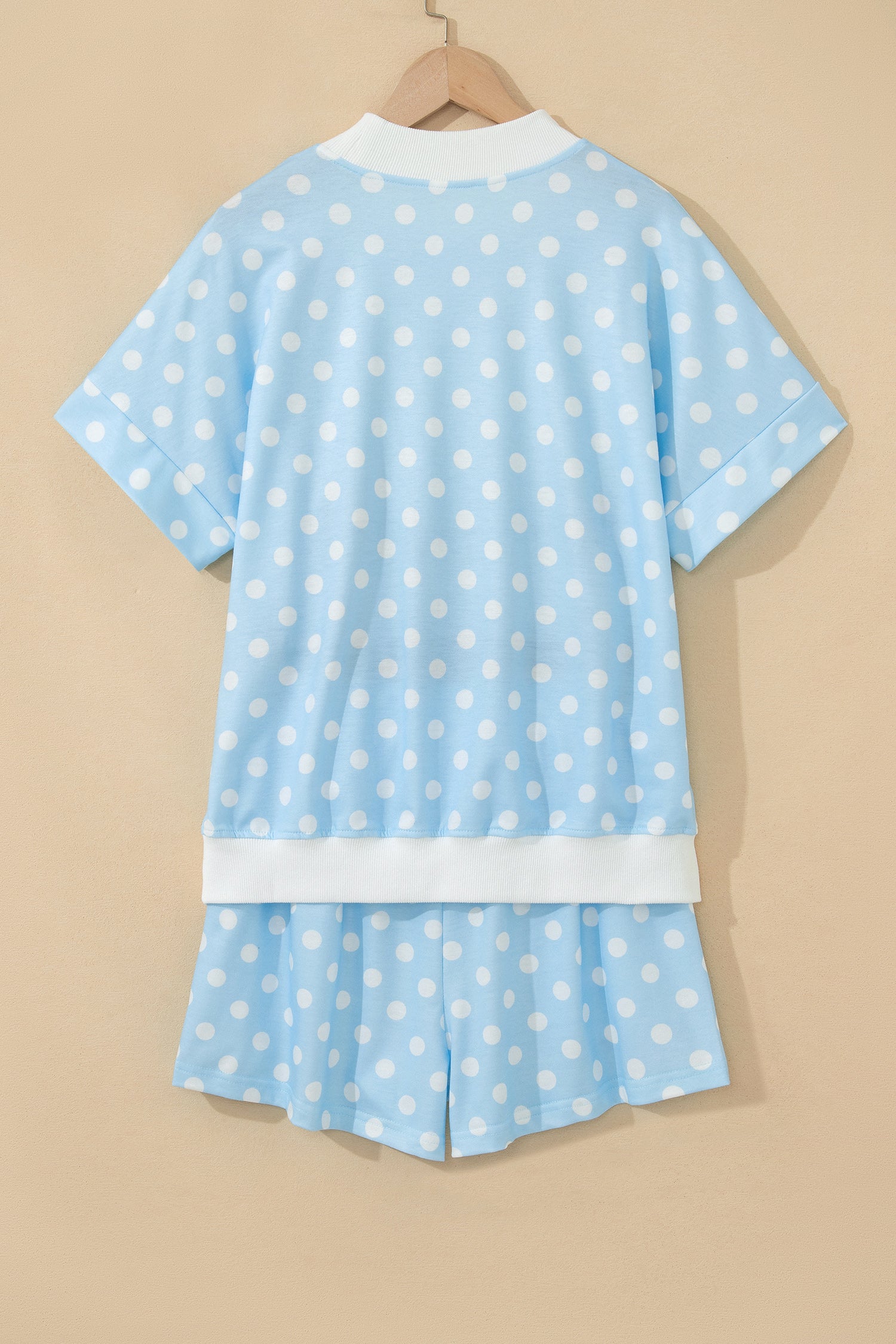 Sky Blue Polka Dot Print Color Block Trim Mock Neck Short Set - Snoopy's Closet