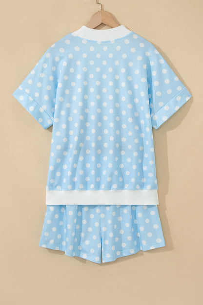 Sky Blue Polka Dot Print Color Block Trim Mock Neck Short Set - Snoopy's Closet