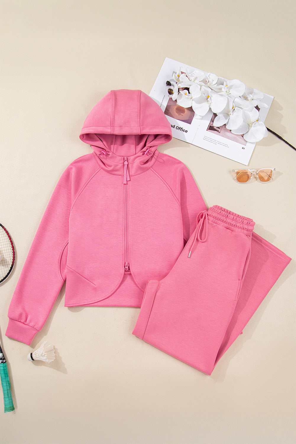 Pink Solid Color Zip Up Hoodie Drawstring Loose Pants Set - Snoopy's Closet