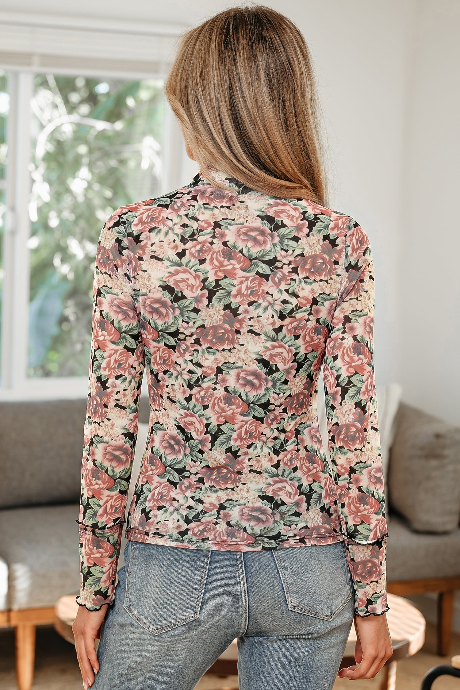 White Retro Floral Print Mock Neck Mesh Long Sleeve Top - Snoopy's Closet
