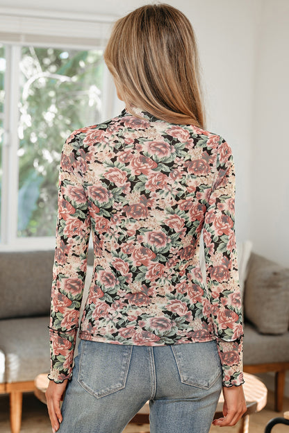 White Retro Floral Print Mock Neck Mesh Long Sleeve Top - Snoopy's Closet