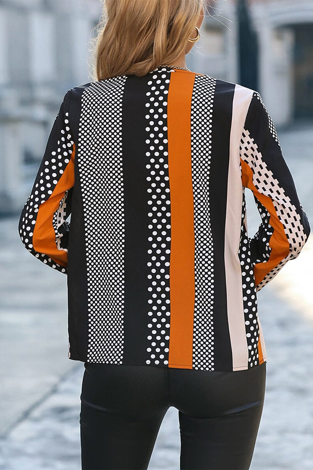 Orange Geo Print Colorblock Notched V Neck Blouse - Snoopy's Closet