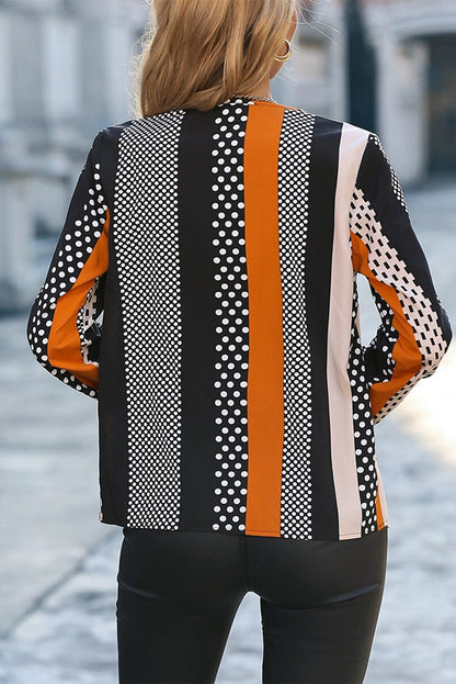 Orange Geo Print Colorblock Notched V Neck Blouse - Snoopy's Closet