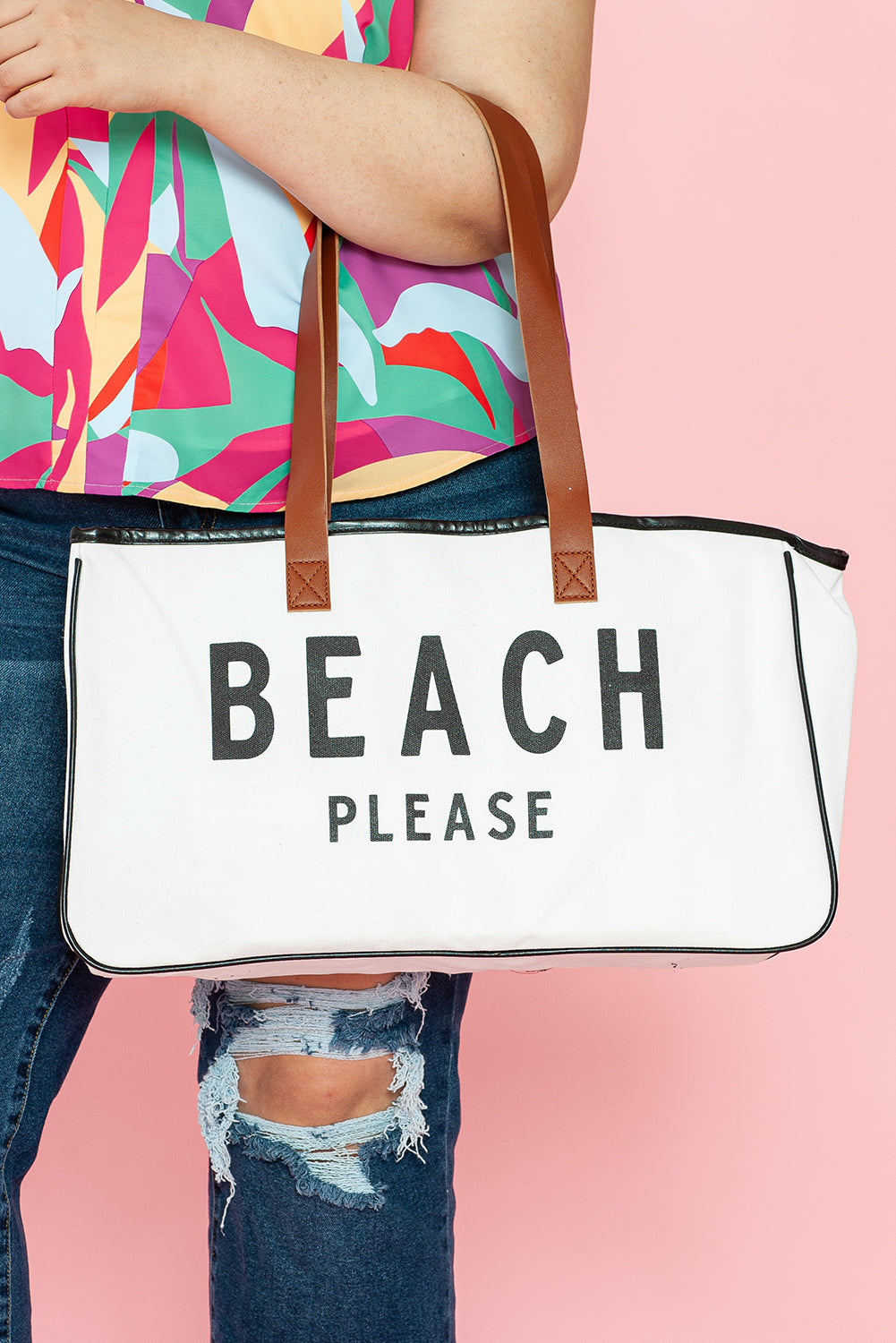 White BEACH PLEASE Print Large Canvas Tote Bag - Snoopy's Closet