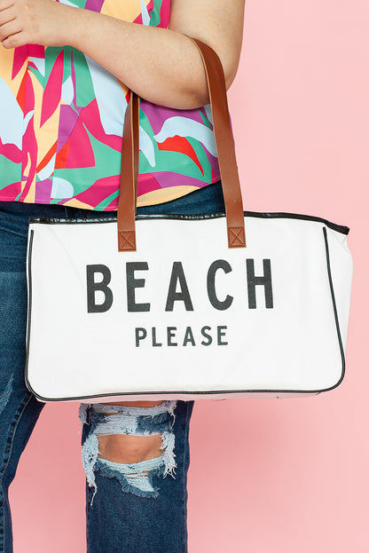 White BEACH PLEASE Print Large Canvas Tote Bag - Snoopy's Closet