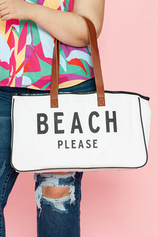 White BEACH PLEASE Print Large Canvas Tote Bag - Snoopy's Closet