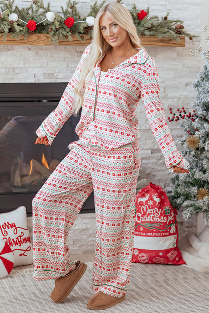 White Christmas Pattern Print Shirt Style Long 2pcs Pajama Set - Snoopy's Closet