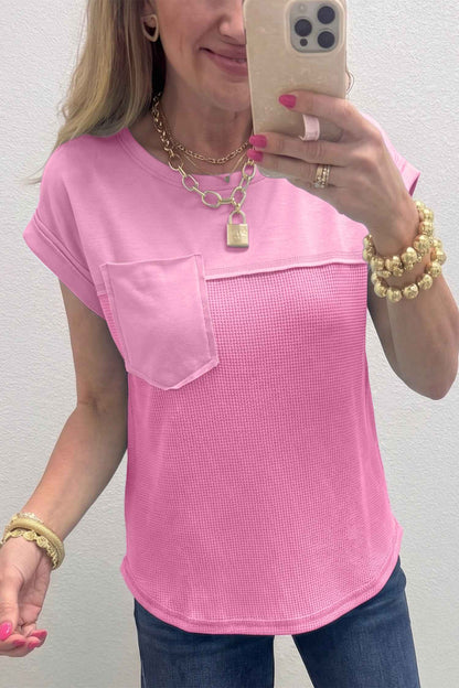 Pink Solid Color Raw Seam Waffled Patchwork Casual T Shirt