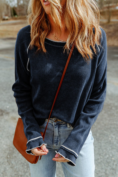 Blue Textured Round Neck Long Sleeve Top - Snoopy's Closet