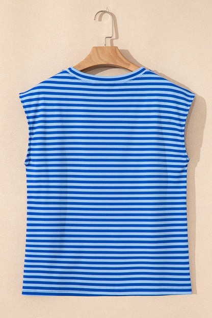 Sky Blue Stripe Ribbed Cap Sleeve Round Neck T Shirt - Snoopy's Closet