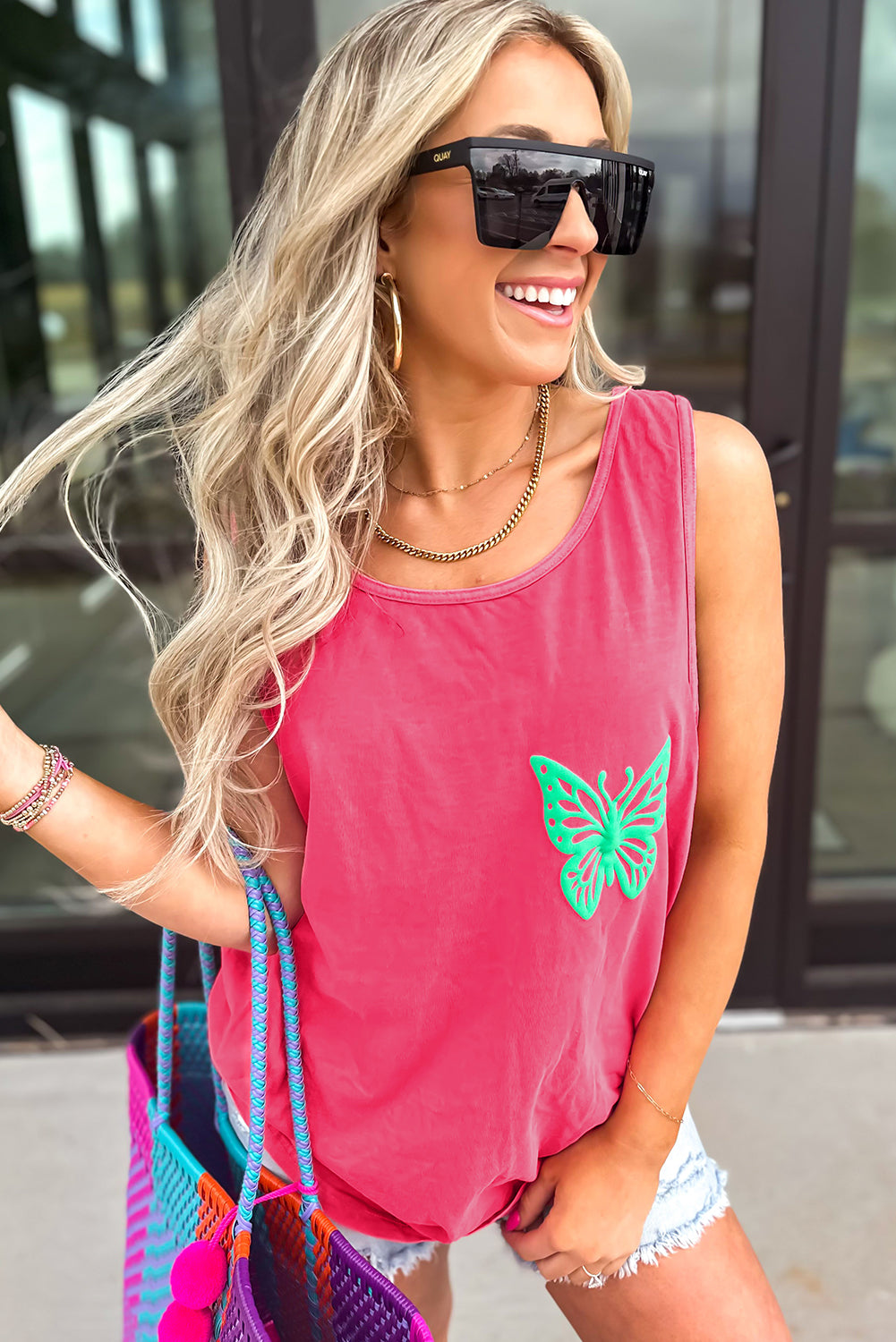 Sachet Pink Butterfly Graphic Casual Tank Top - Snoopy's Closet