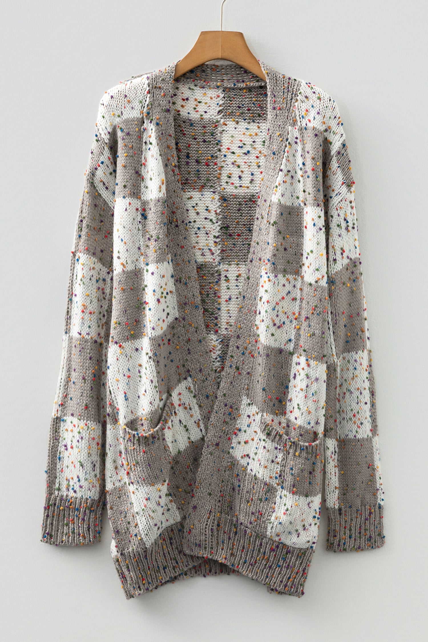 Brown Confetti Dot Checkered Print Open Cardigan with Pockets - Snoopy's Closet