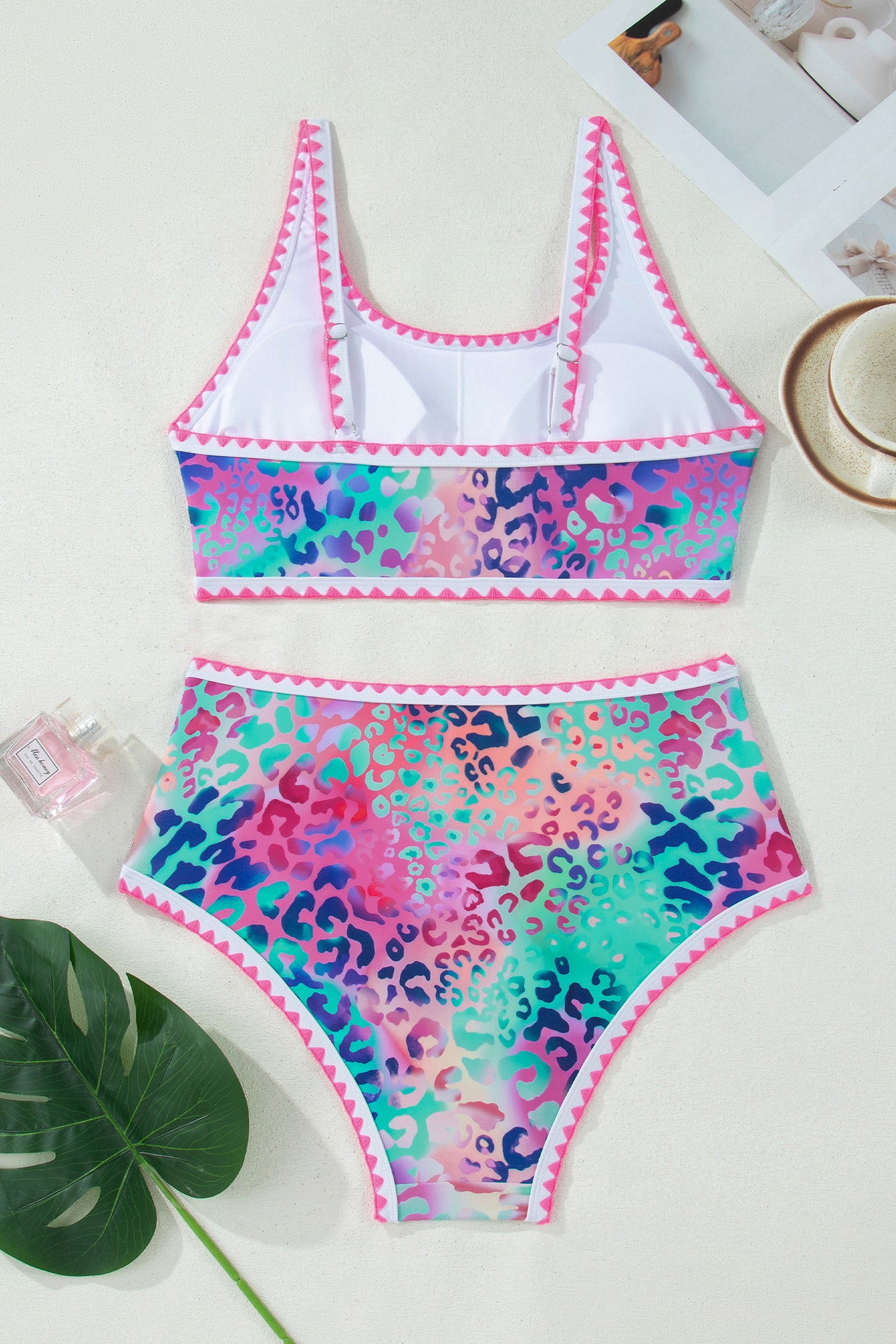 Pink Leopard Ricrac Trim Square Neck High Waist Bikinich - Snoopy's Closet
