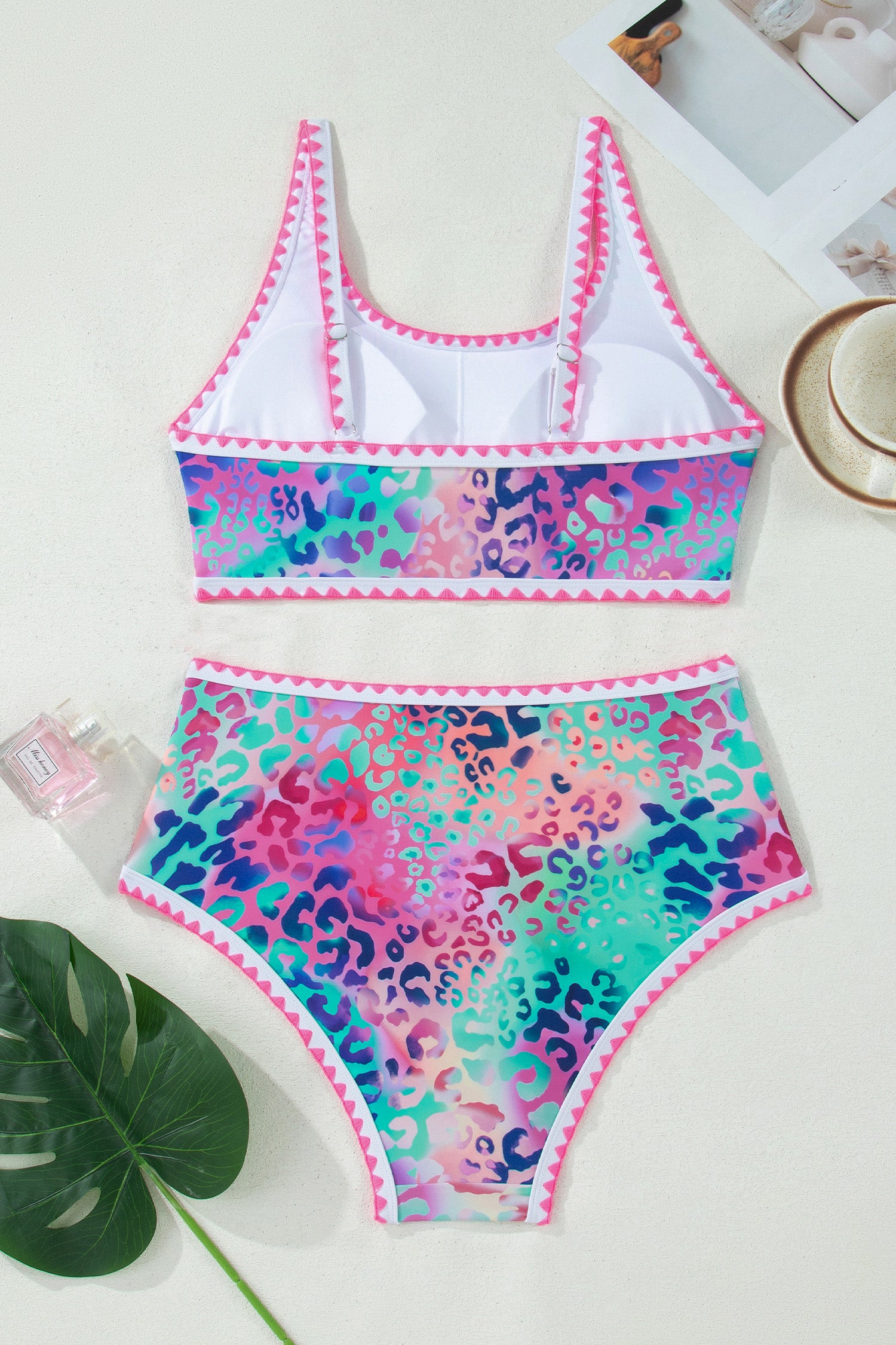 Pink Leopard Ricrac Trim Square Neck High Waist Bikinich - Snoopy's Closet