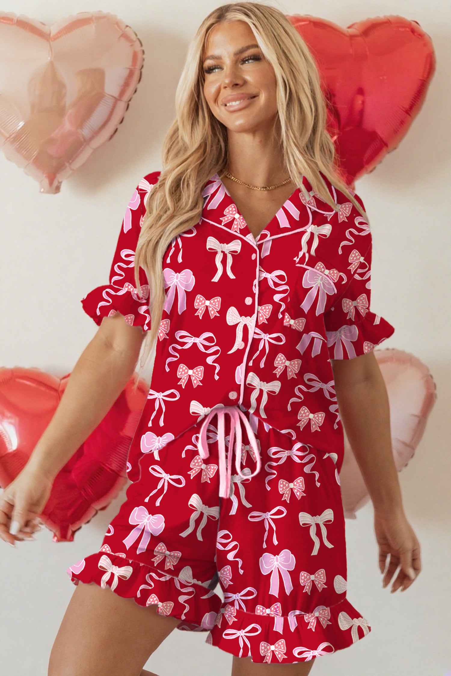 Red Sweet Bow Print Ruffled Short Sleeve Shirt Shorts 2pcs Pajama Set - Snoopy's Closet