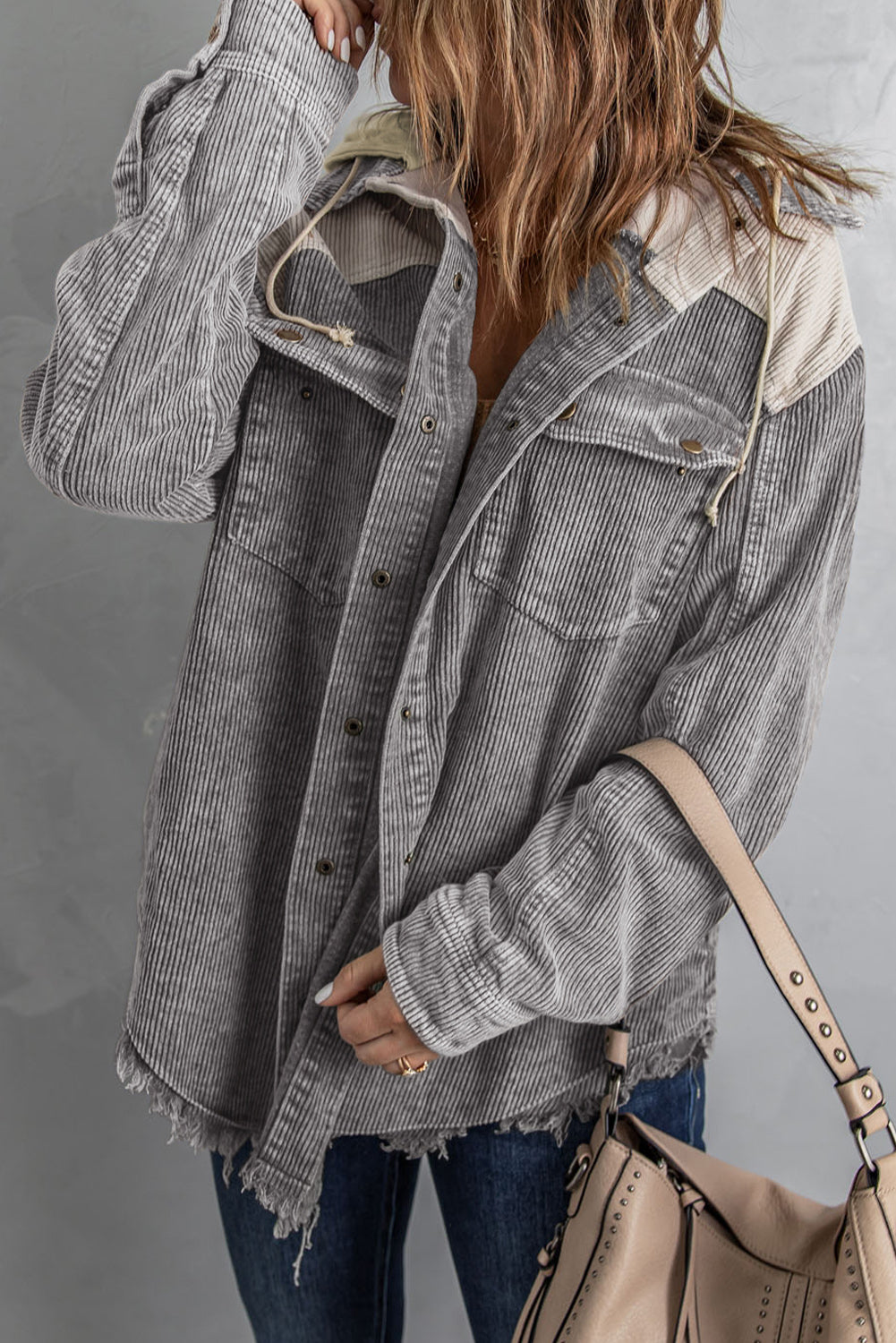 Gray Color Block Button Down Hooded Corduroy Jacket - Snoopy's Closet