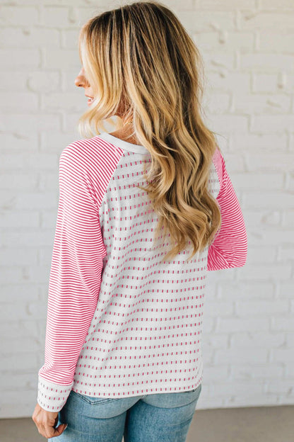Rose Stripe Raglan Patchwork Long Sleeve Tee - Snoopy's Closet