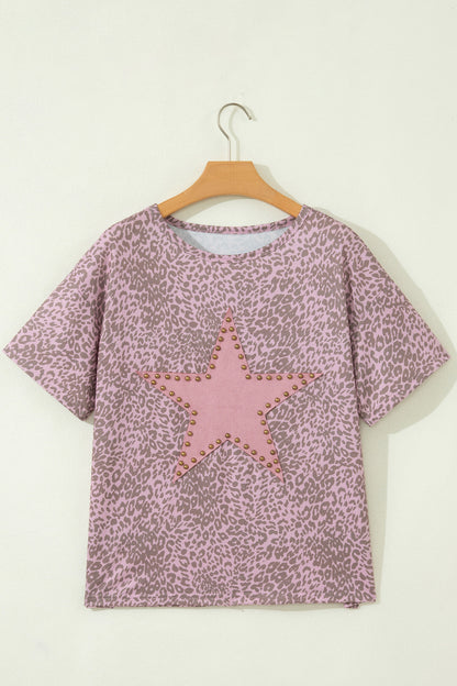 Khaki Leopard Retro Studded Star Patch Loose Tee - Snoopy's Closet