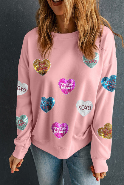 Sudadera de San Valentín con corazón gráfico y letras románticas de lentejuelas rosas
