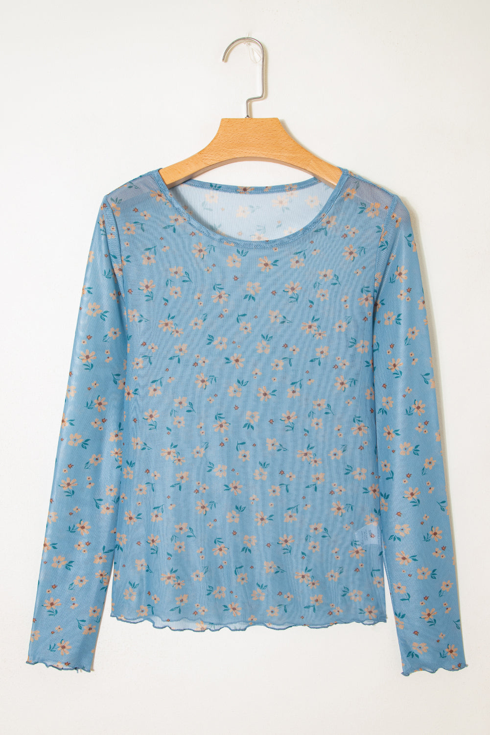 Sky Blue Vintage Floral Print Southern Style Mesh Long Sleeve Top - Snoopy's Closet